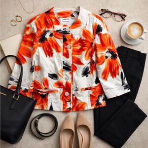 Chico's 3/4 blazer 0 suit jacket floral orange black mandarin collar small
